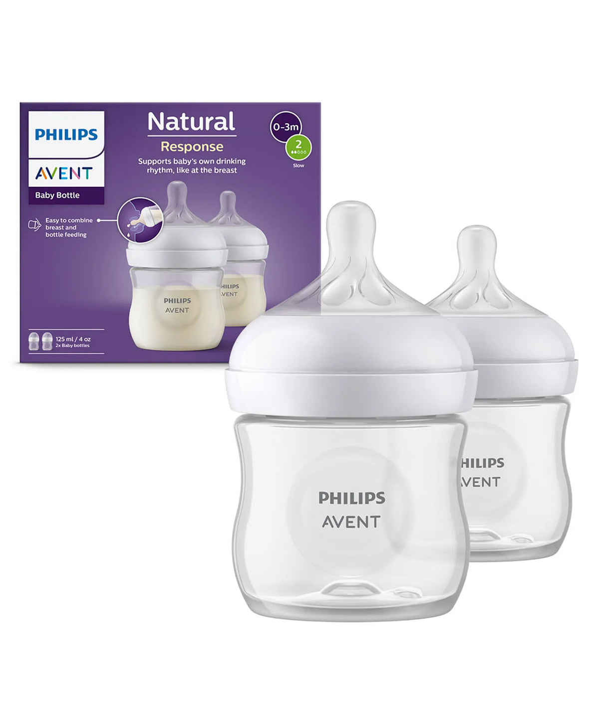Philips Avent Natural Response Baby Bottle (0m+) 125ml Twin Pack | BPA-Free Anti-Colic Newborn Feeding Bottles | Mimics Breastfeeding Rhythm | No-Drip Teat Design (Set of 2) - MINIMEE KIDS