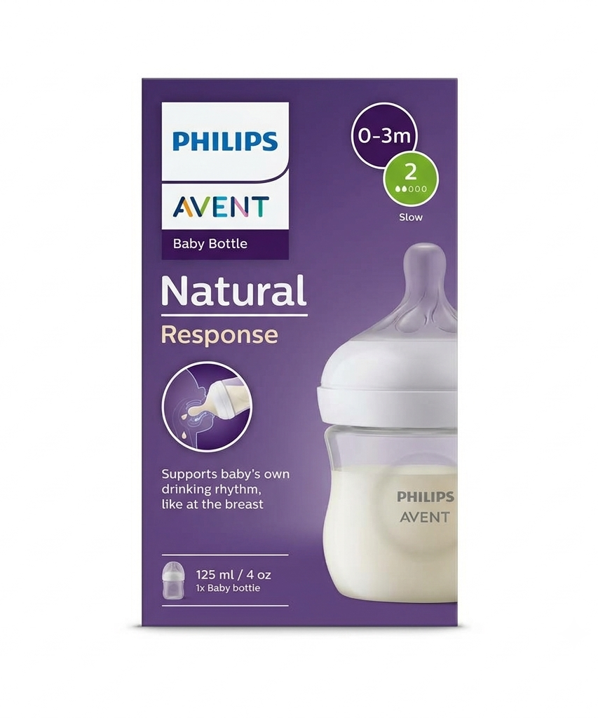Philips Avent Natural Response Feeding Bottle - Anti-Colic - 125ml (4oz) | Flow 2 Slow Nipple - Transparent | 0-3 M | SCY900/01 - MINIMEE KIDS