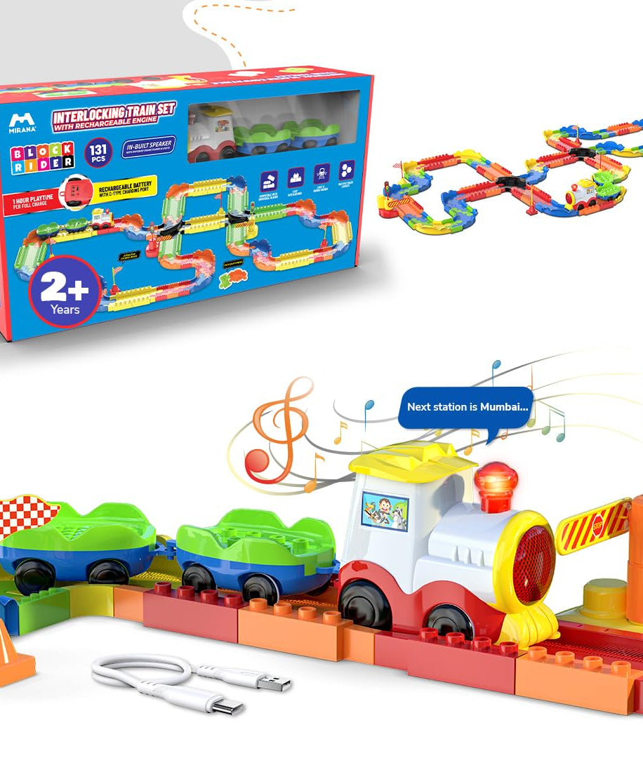 Mirana Block Rider Toy Train Set | 82-Piece with Multiple Journey Modes, Sounds & Announcements | 10+ Track Layouts | Fits Major Brands