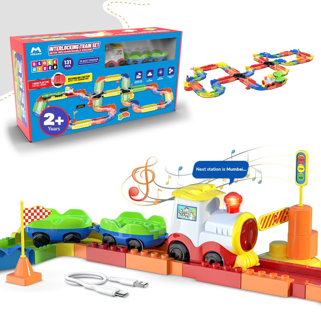 Mirana Block Rider Toy Train Set | 82-Piece with Multiple Journey Modes, Sounds & Announcements | 10+ Track Layouts | Fits Major Brands