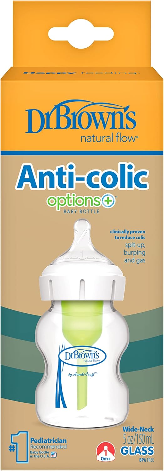 Dr. Brown's Natural Flow Options+ Anti-Colic Baby Bottle - 150ml for 0m+, Wide-Neck Design, Reduces Colic, Gas & Spit-Up