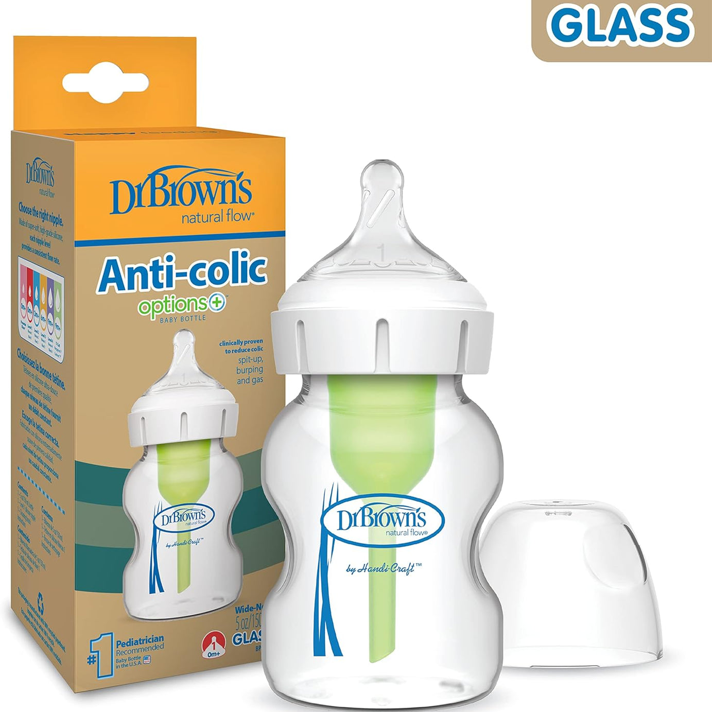 Dr. Brown's Natural Flow Options+ Anti-Colic Baby Bottle - 150ml for 0m+, Wide-Neck Design, Reduces Colic, Gas & Spit-Up