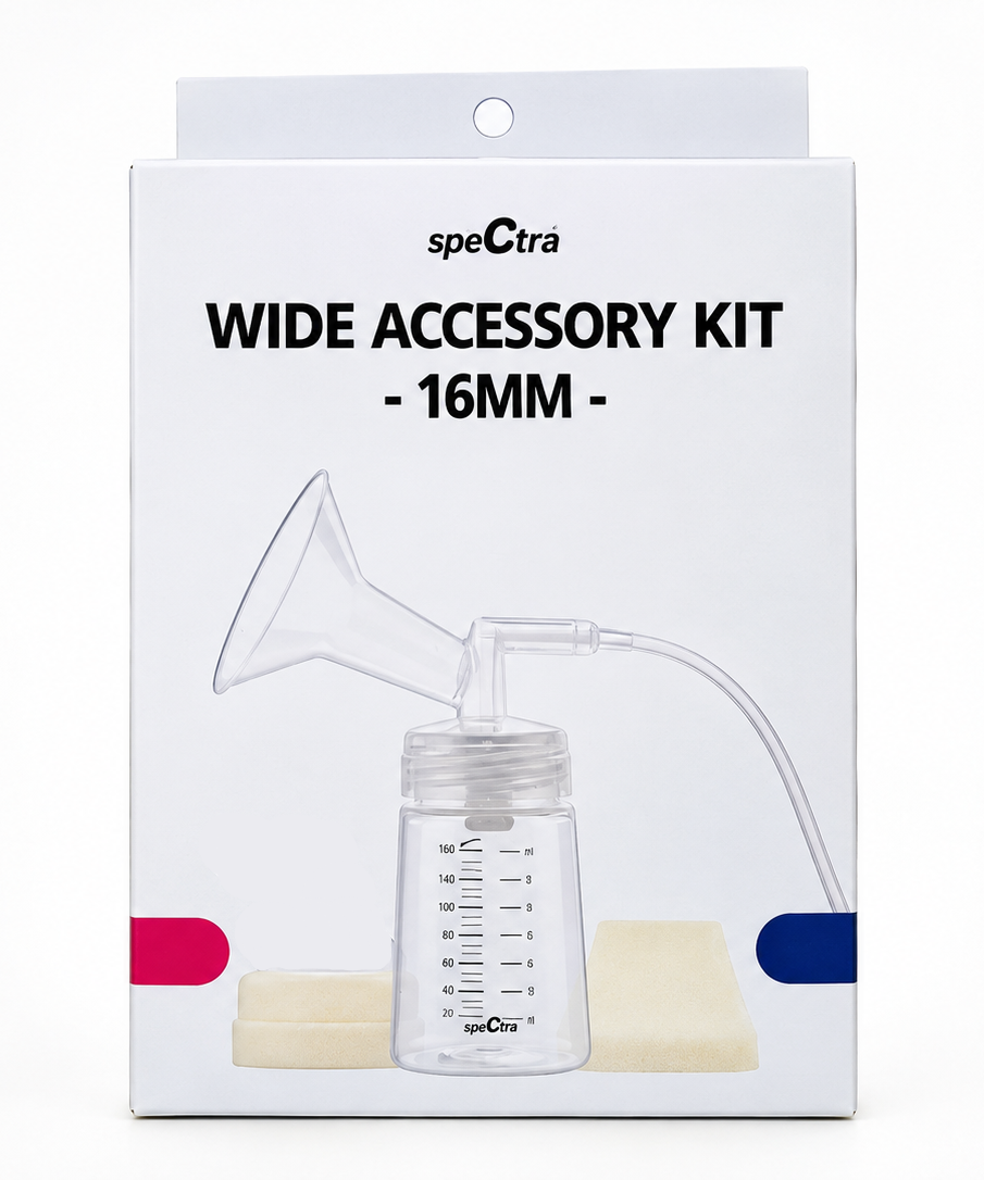 Spectra Wide Accessory Kit 16mm in its original white retail packaging, showing the clear breast pump bottle, flange, and tubing.