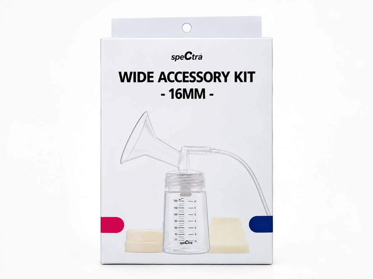 Spectra Wide Accessory Kit 16mm in its original white retail packaging, showing the clear breast pump bottle, flange, and tubing.