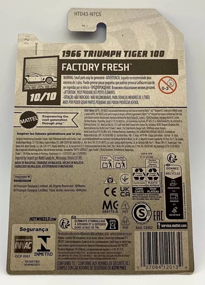 Hot Wheels 1966 Triumph Tiger 100 Die-Cast Motorcycle - Factory Fresh 1:64 Scale | Limited Edition 190/250 | Retro Racing Bike 10/10 | Blue & White Design with Rider