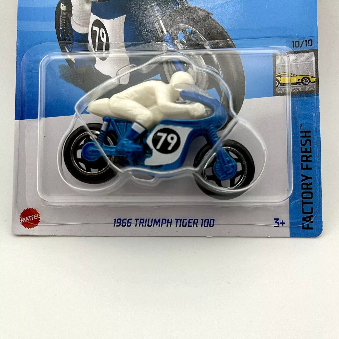 Hot Wheels 1966 Triumph Tiger 100 Die-Cast Motorcycle - Factory Fresh 1:64 Scale | Limited Edition 190/250 | Retro Racing Bike 10/10 | Blue & White Design with Rider