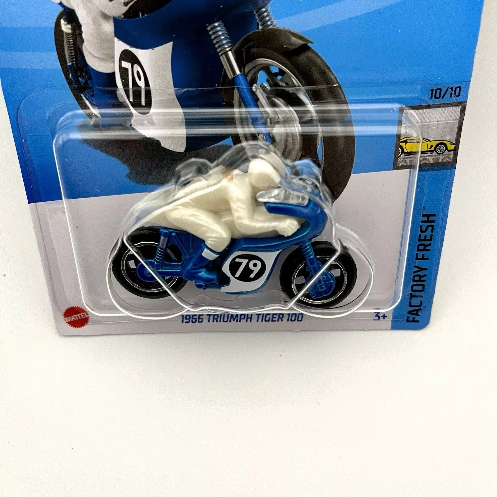 Hot Wheels 1966 Triumph Tiger 100 Die-Cast Motorcycle - Factory Fresh 1:64 Scale | Limited Edition 190/250 | Retro Racing Bike 10/10 | Blue & White Design with Rider