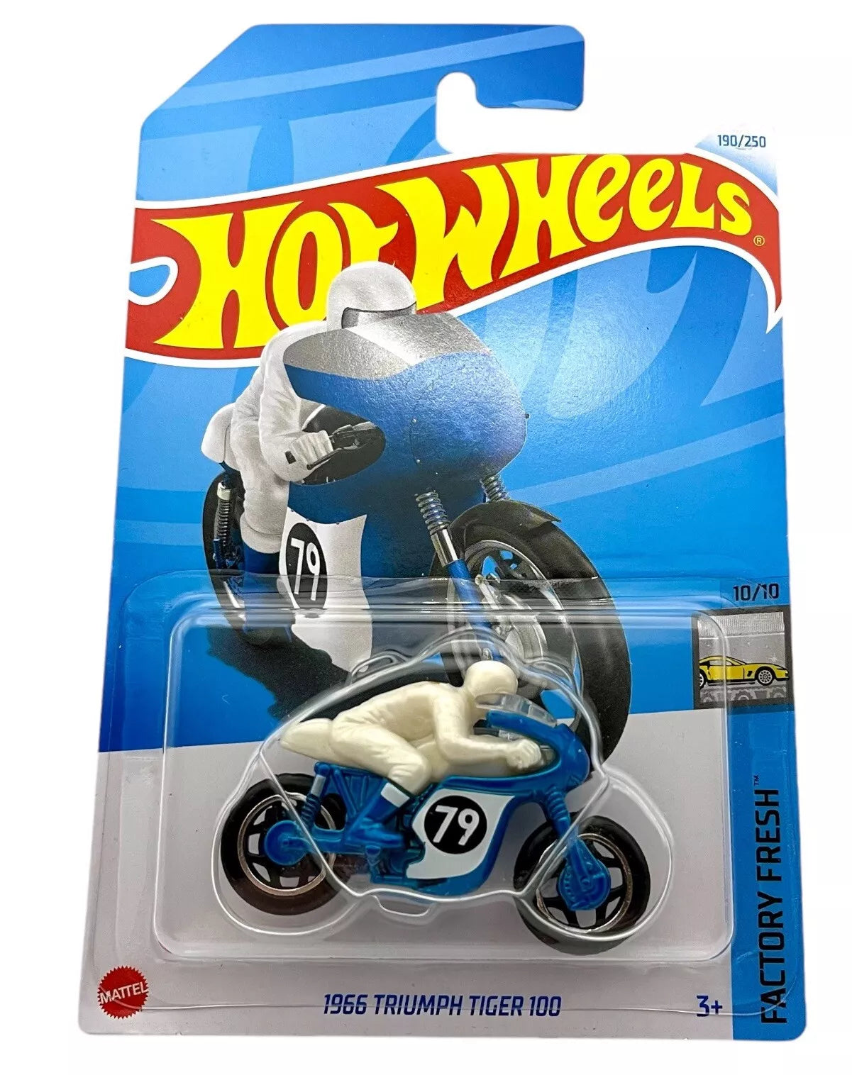 Hot Wheels 1966 Triumph Tiger 100 Die-Cast Motorcycle - Factory Fresh 1:64 Scale | Limited Edition 190/250 | Retro Racing Bike 10/10 | Blue & White Design with Rider