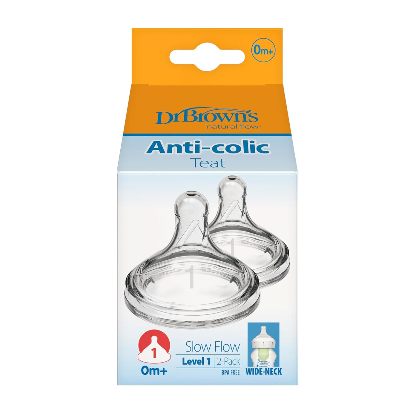 Dr. Brown's Natural Flow Anti-Colic Teat | Level 1 for 0 Months+ | Slow Flow | Wide-Neck | Pack of 2