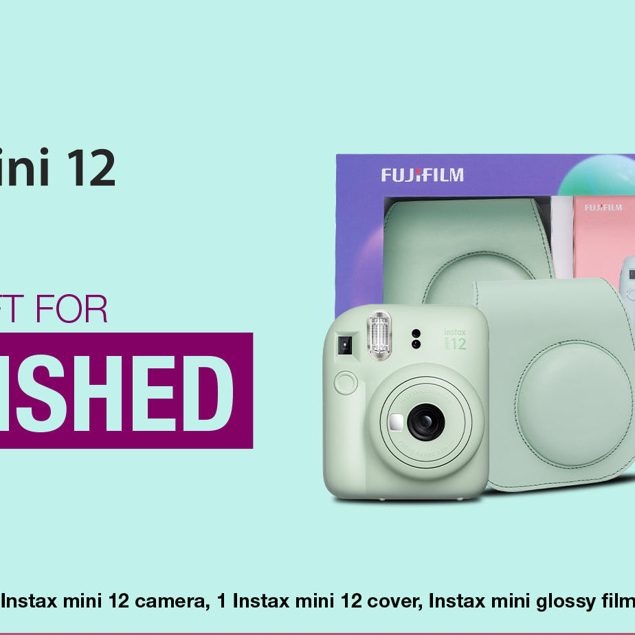 Fujifilm Instax Mini 12 Moments Forever Box Set – Instant Camera with 20 Glossy Films, Selfie Mirror, Close-Up Lens & Accessories | Includes Bunting & Carry Case | Perfect Gift for Capturing Memories