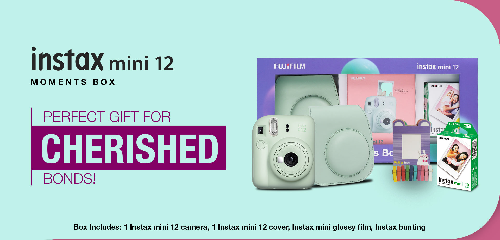 Fujifilm Instax Mini 12 Moments Forever Box Set – Instant Camera with 20 Glossy Films, Selfie Mirror, Close-Up Lens & Accessories | Includes Bunting & Carry Case | Perfect Gift for Capturing Memories