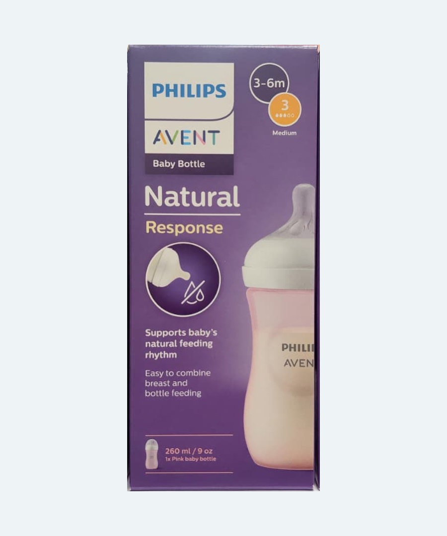 Philips Avent Natural Response Baby Feeding Bottle 260ml / 9oz (3–6M, Flow 3 Medium) — SCY903 Series (Clear, Pink & Blue) - MINIMEE KIDS