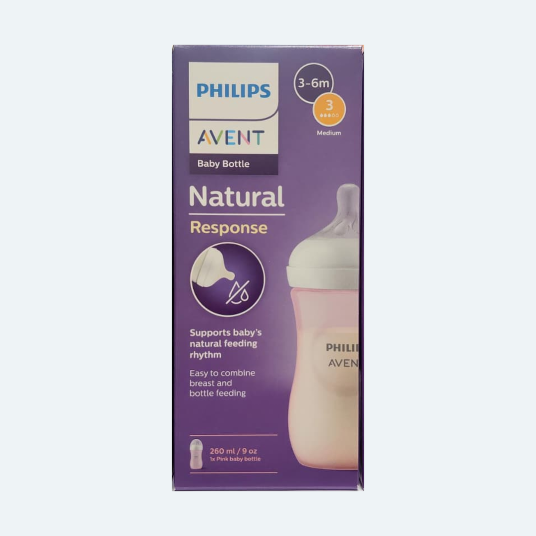 Philips Avent Natural Response Baby Feeding Bottle 260ml / 9oz (3–6M, Flow 3 Medium) — SCY903 Series (Clear, Pink & Blue) - MINIMEE KIDS