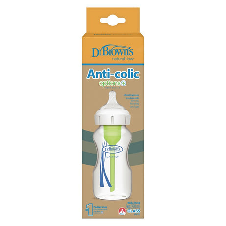 Dr. Brown's Natural Flow Options+ Anti-Colic Glass Baby Bottle - 270ml, Wide-Neck, BPA-Free, Reduces Colic, Gas, & Spit-Up