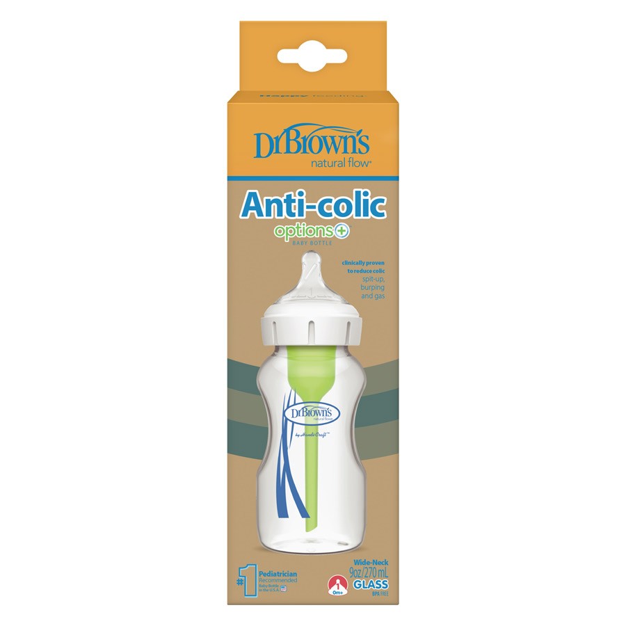 Dr. Brown's Natural Flow Options+ Anti-Colic Glass Baby Bottle - 270ml, Wide-Neck, BPA-Free, Reduces Colic, Gas, & Spit-Up
