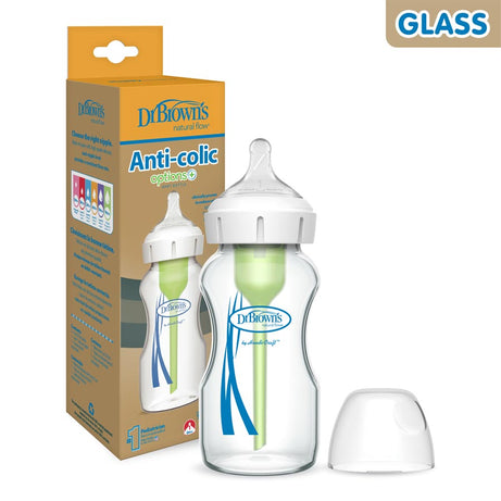 Dr. Brown's Natural Flow Options+ Anti-Colic Glass Baby Bottle - 270ml, Wide-Neck, BPA-Free, Reduces Colic, Gas, & Spit-Up