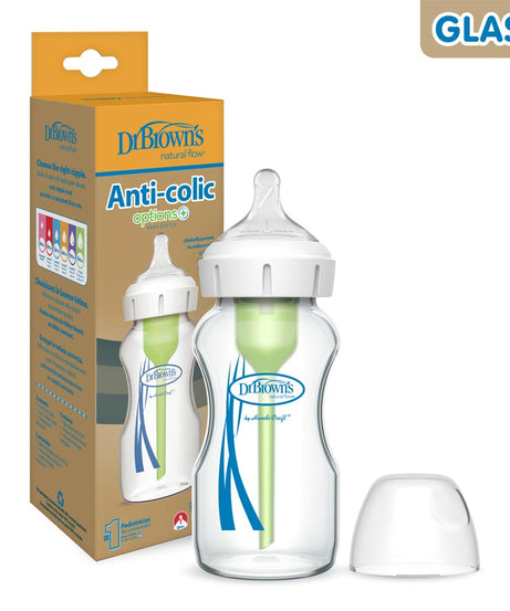 Dr. Brown's Natural Flow Options+ Anti-Colic Glass Baby Bottle - 270ml, Wide-Neck, BPA-Free, Reduces Colic, Gas, & Spit-Up - MINIMEE KIDS