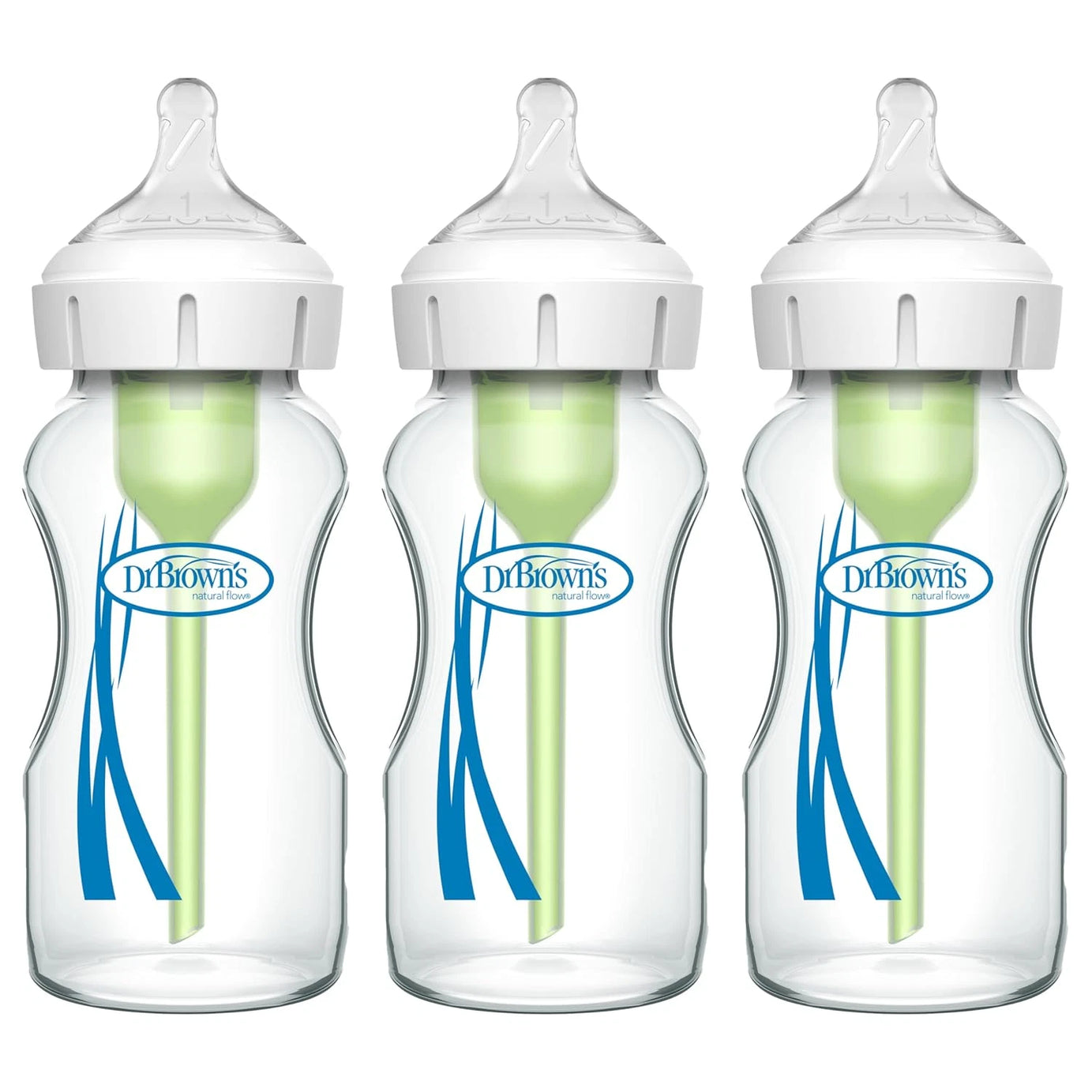 Dr. Brown’s Natural Flow Anti-Colic Options+ Wide-Neck Glass Baby Bottles 270ml (9 oz), 3-Pack | With Level 1 Slow Flow Nipple | 0M+ Newborn Feeding Bottle | Breastfeeding-Friendly, BPA-Free Glass Bottle