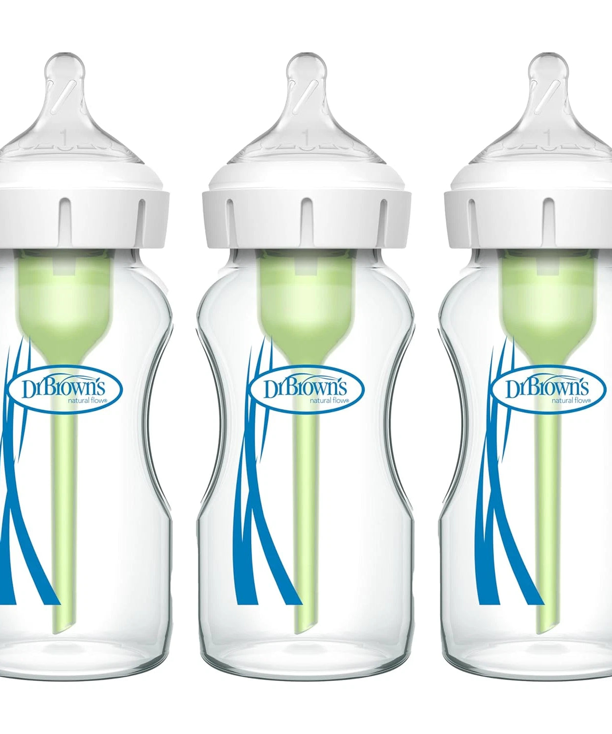 Dr. Brown’s Natural Flow Anti-Colic Options+ Wide-Neck Glass Baby Bottles 270ml (9 oz), 3-Pack | With Level 1 Slow Flow Nipple | 0M+ Newborn Feeding Bottle | Breastfeeding-Friendly, BPA-Free Glass Bottle