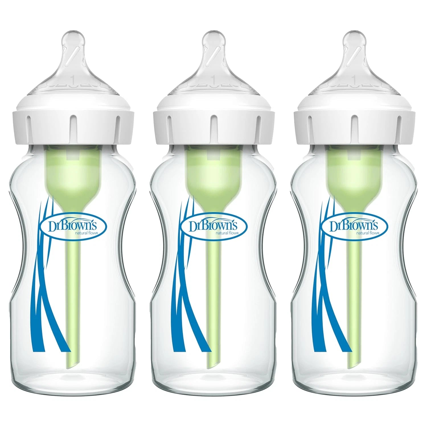 Dr. Brown’s Natural Flow Anti-Colic Options+ Wide-Neck Glass Baby Bottles 270ml (9 oz), 3-Pack | With Level 1 Slow Flow Nipple | 0M+ Newborn Feeding Bottle | Breastfeeding-Friendly, BPA-Free Glass Bottle