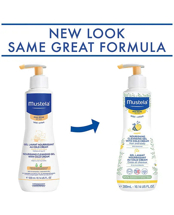 Mustela Nourishing Cleansing Gel with Cold Cream for Hair & Body - Organic Beeswax | 300ml | Made in France