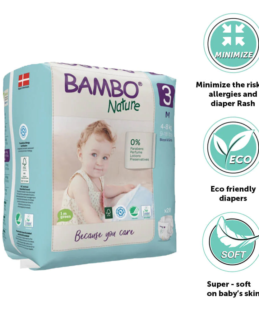 Bambo Nature Tape Style Diapers 3 - Medium 4-8 kg (Pack of 28) | Skin-Friendly & Eco-Friendly Diapers for Boys and Girls - MINIMEE KIDS