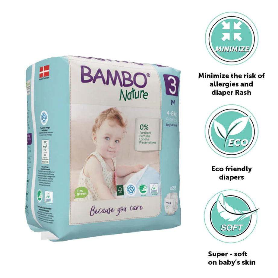 Bambo Nature Tape Style Diapers 3 - Medium 4-8 kg (Pack of 28) | Skin-Friendly & Eco-Friendly Diapers for Boys and Girls - MINIMEE KIDS