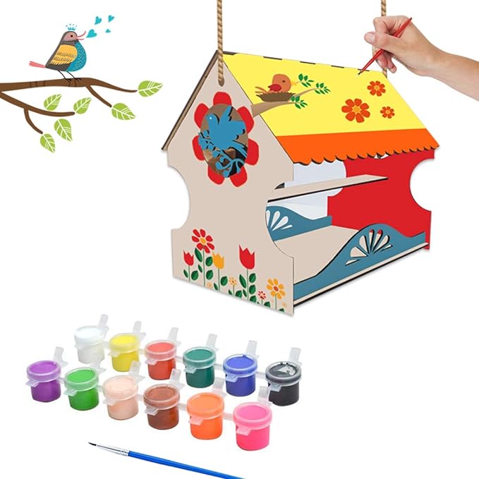 Webby DIY Art & Craft Wooden Build & Paint Hut Shaped Bird House Kit, Show Piece, Birthday Gift for Kids Toy