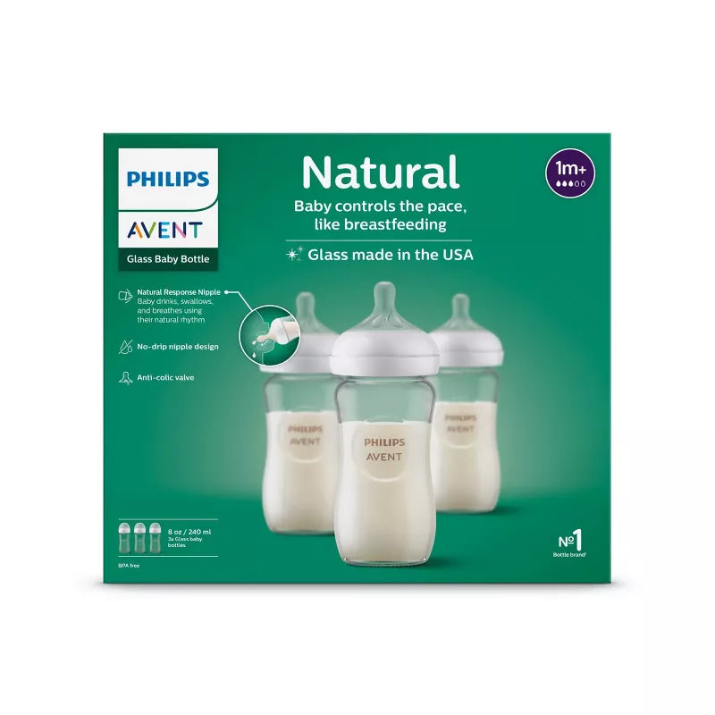 Philips Avent Glass Natural Baby Bottle with Natural Response Nipple, 240ml | Anti-Colic Design, BPA-Free, 3-Pack, 1m+ Flow 3