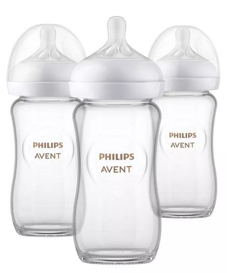 Philips Avent Glass Natural Baby Bottle (240ml, 3-Pack) | Natural Response Nipple with Anti-Colic Valve (Flow 3, 1m+) | Premium BPA-Free Borosilicate Glass