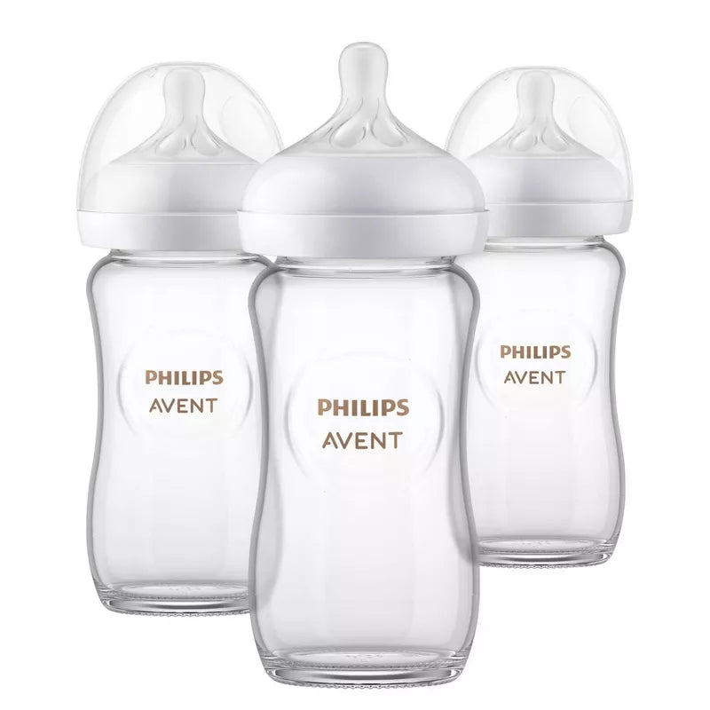 Philips Avent Glass Natural Baby Bottle (240ml, 3-Pack) | Natural Response Nipple with Anti-Colic Valve (Flow 3, 1m+) | Premium BPA-Free Borosilicate Glass