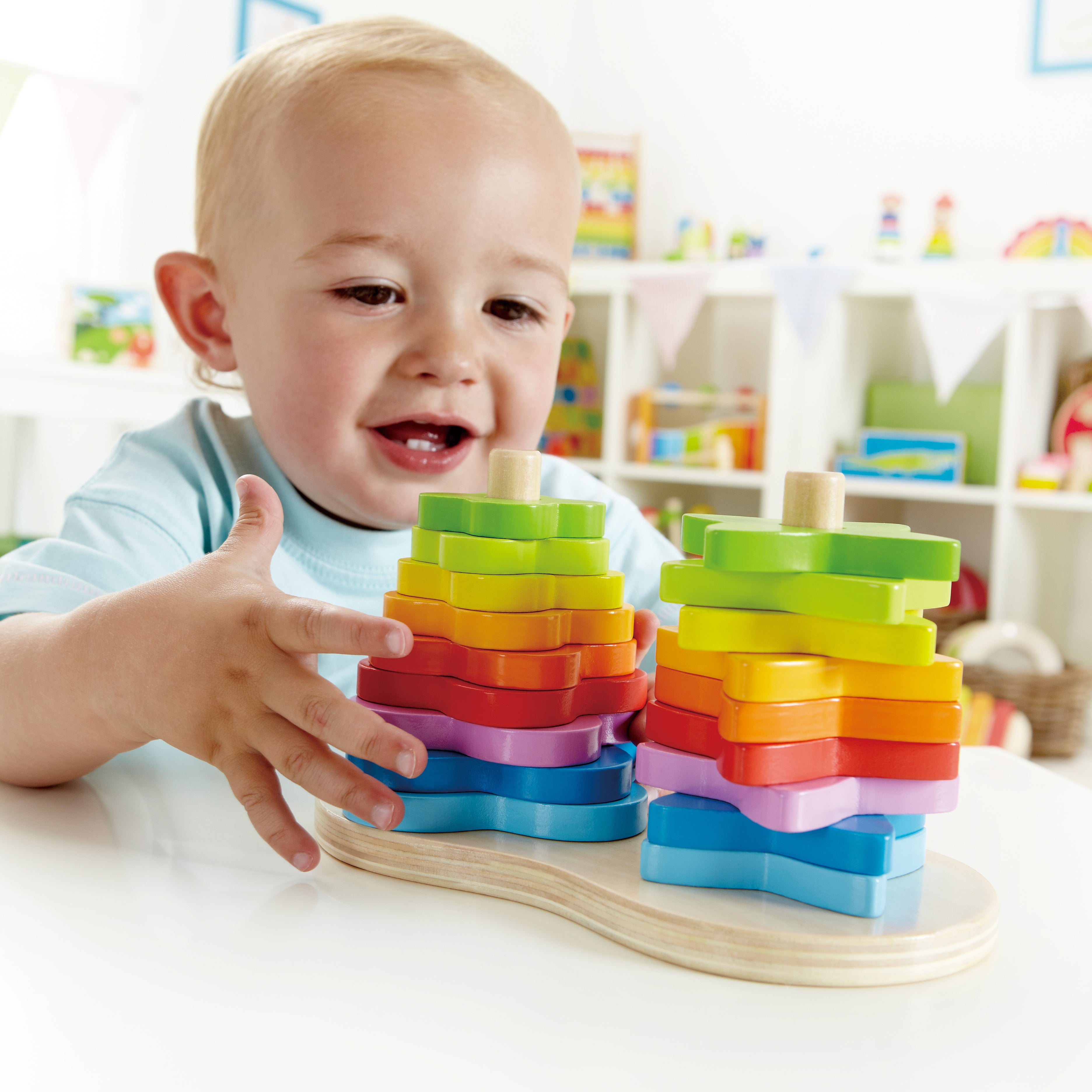 Hape Double Rainbow Stacker Wooden Toy | Vibrant 19-Piece Building Set for Toddlers Aged 12 Months+