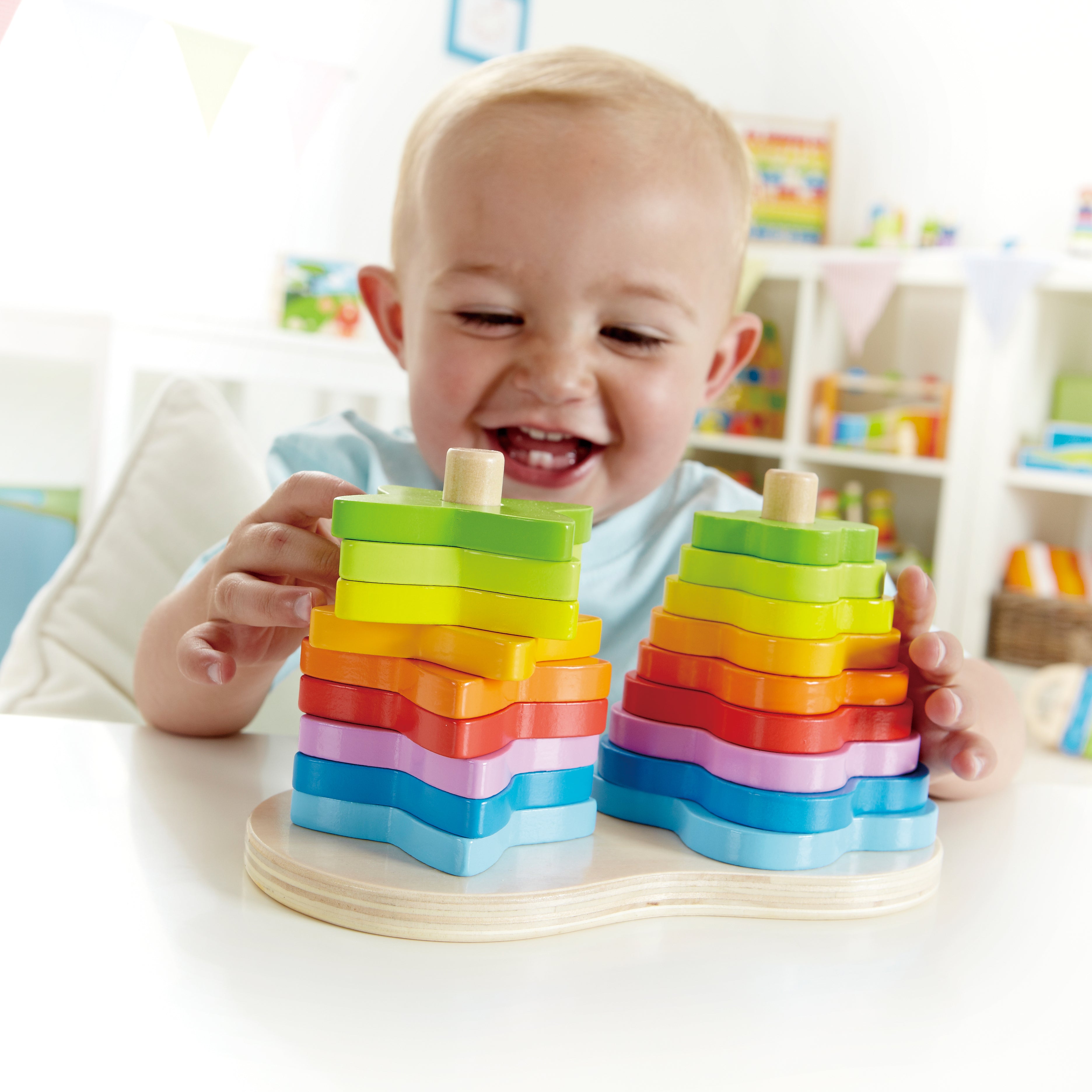 Hape Double Rainbow Stacker Wooden Toy | Vibrant 19-Piece Building Set for Toddlers Aged 12 Months+