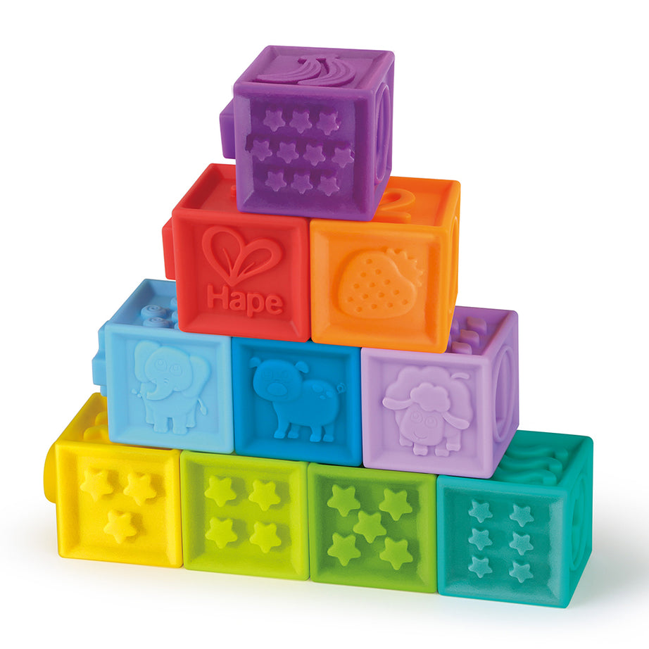 Hape Squeeze Me Blocks Soft Silicone Stacking Toy 10pcs – Colorful Textured Blocks for Teething, Stacking, and Early Learning
