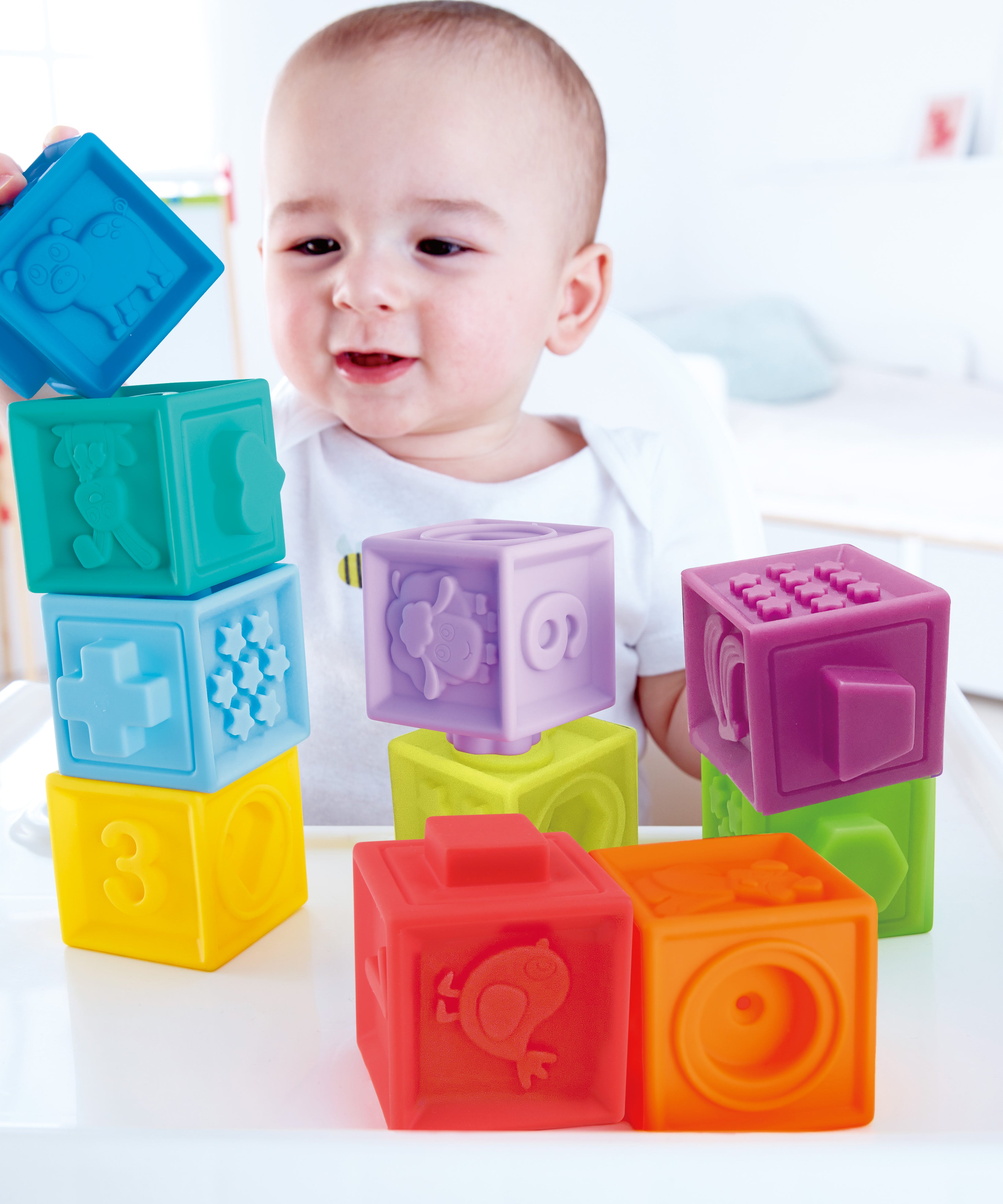 Hape Squeeze Me Blocks Soft Silicone Stacking Toy 10pcs – Colorful Textured Blocks for Teething, Stacking, and Early Learning
