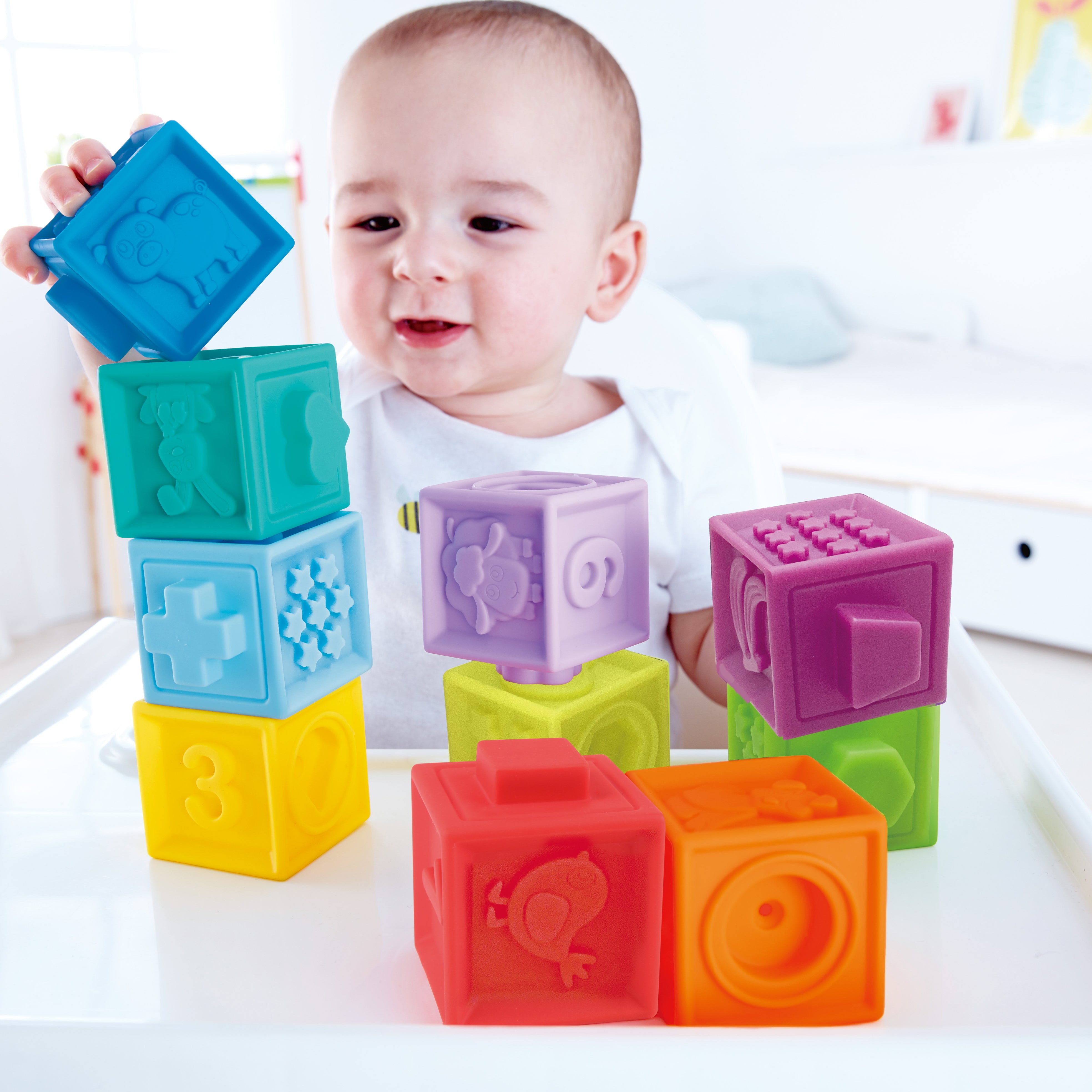 Hape Squeeze Me Blocks Soft Silicone Stacking Toy 10pcs – Colorful Textured Blocks for Teething, Stacking, and Early Learning