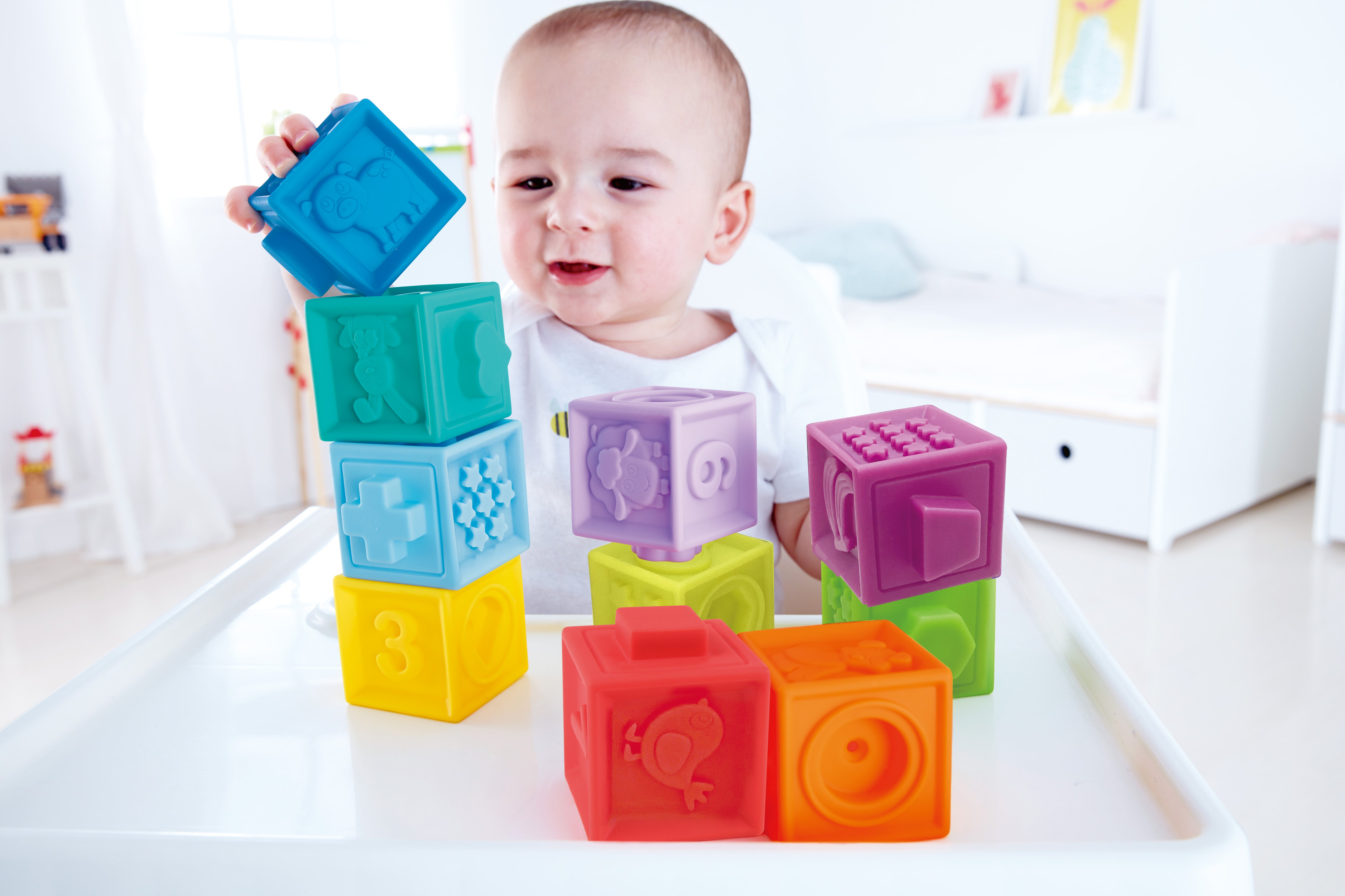 Hape Squeeze Me Blocks Soft Silicone Stacking Toy 10pcs – Colorful Textured Blocks for Teething, Stacking, and Early Learning