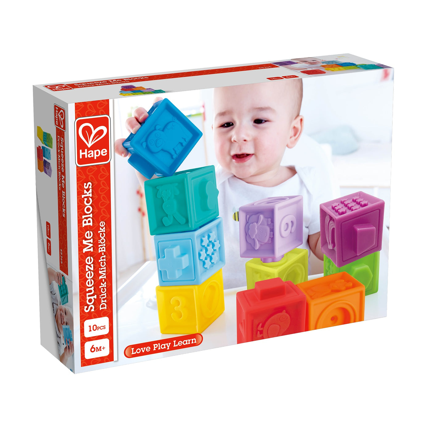 Hape Squeeze Me Blocks Soft Silicone Stacking Toy 10pcs – Colorful Textured Blocks for Teething, Stacking, and Early Learning