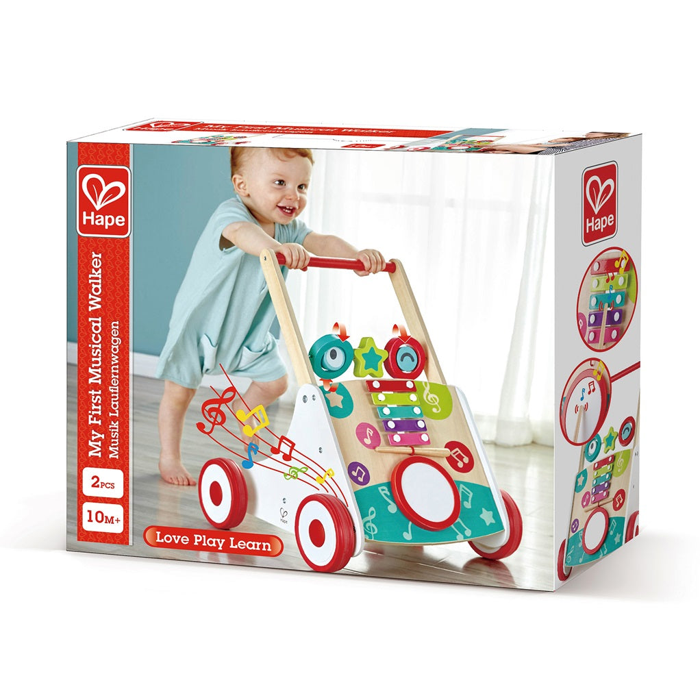 Hape Wooden Music Push Learning Walker E0383 – Adjustable Musical Walker with Xylophone, Drum, and Spinning Blocks for Early Childhood Development