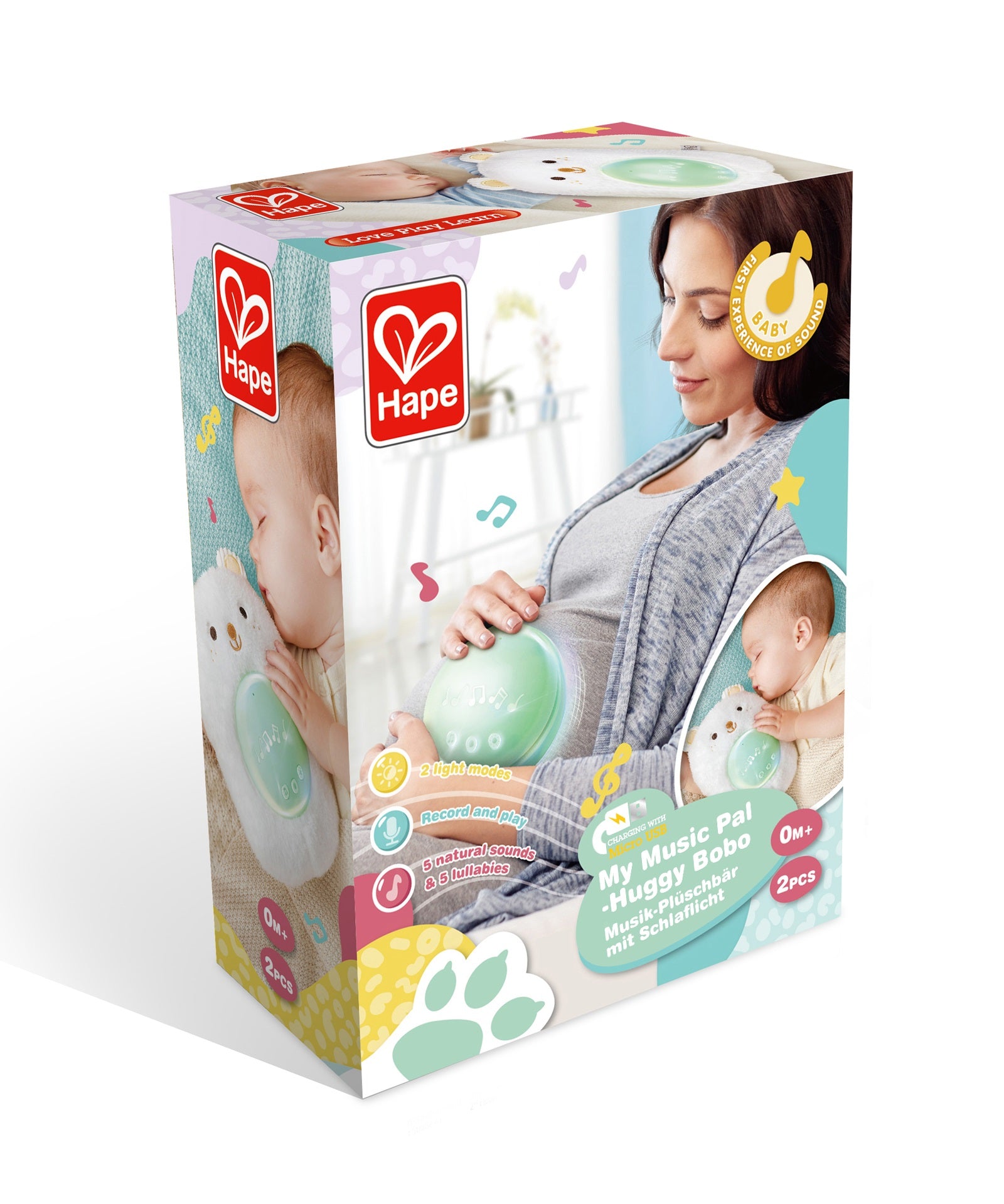 Hape Portable Baby White Noise Sound Machine My Music Pal - Huggy Bobo | White Noise, Personalized Recording, Lullabies & Plush Toy | Newborn Sleep Aid with Soft Night Light