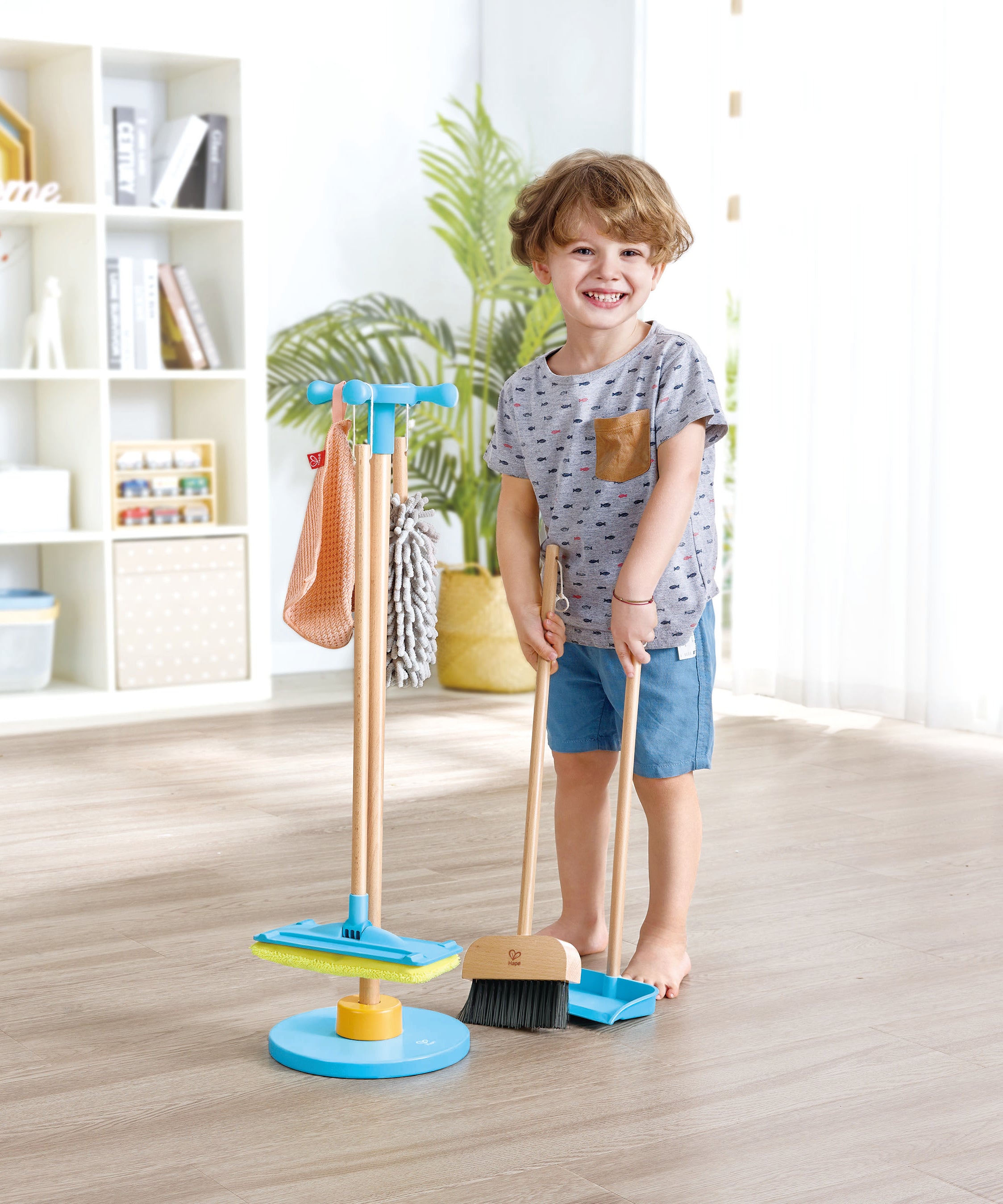 Hape Clean Up Broom Set - 6-Piece Pretend Cleaning Kit for Kids Aged 3–8 | Realistic Mop, Broom, Dustpan & More for Role Play Fun & Life Skills