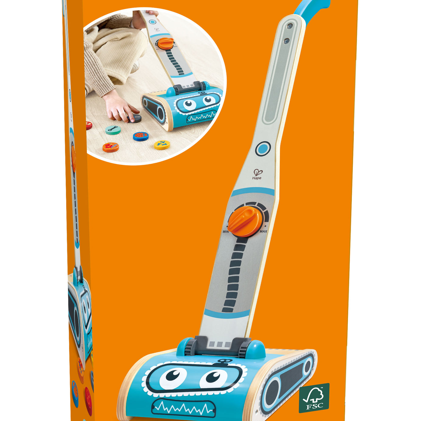 Hape Vacuum Playset for Kids – 7-Piece Robot Face Cleaning Toy | Pretend Play for 2–6 Year Olds | Enhances Motor Skills & Confidence through Tidy Fun