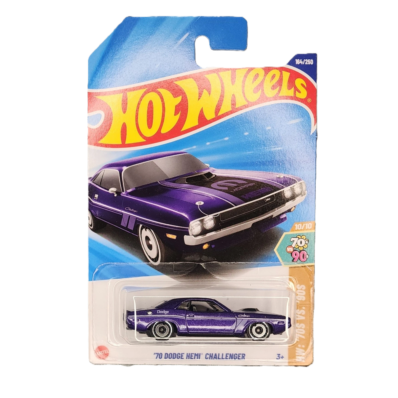 Hot Wheels '70 Dodge Challenger toy car in packaging on a white background