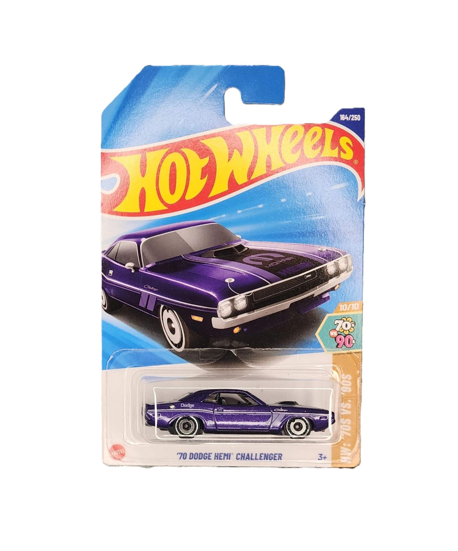 Hot Wheels '70 Dodge Challenger toy car in packaging on a white background