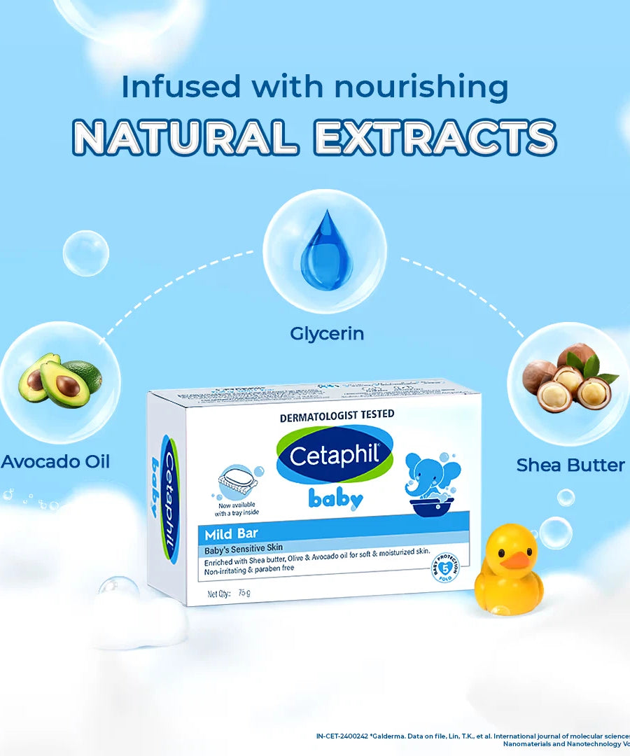 Cetaphil Baby Mild Bar Soap for Sensitive Skin – Gentle Daily Cleanser with Shea Butter & Glycerin (75g & 100g) - MINIMEE KIDS