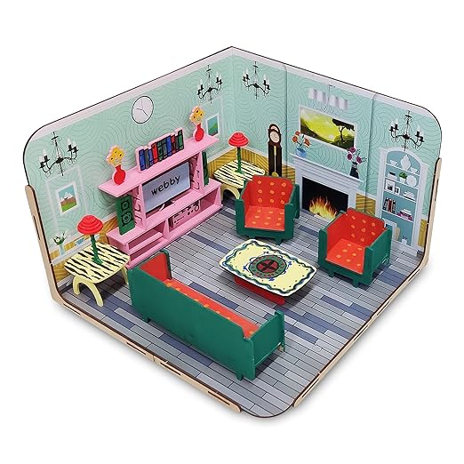 Webby DIY Build & Paint Living Room with Furniture Wooden Dollhouse Kit for Kids