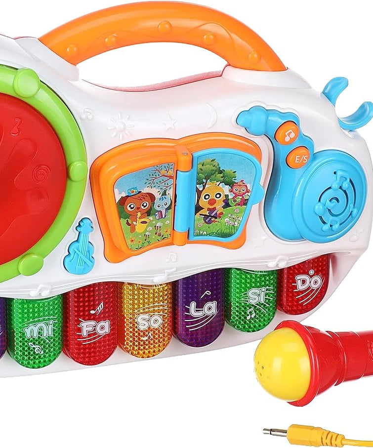 FiveStar Learning Fun Music Piano & Mic with Music & Lights for Kids - Interactive Toy with Sound & Light Effects, Trumpet, Violin, Saxophone Buttons, Drum & Book Features, Sing-Along Microphone - MINIMEE KIDS
