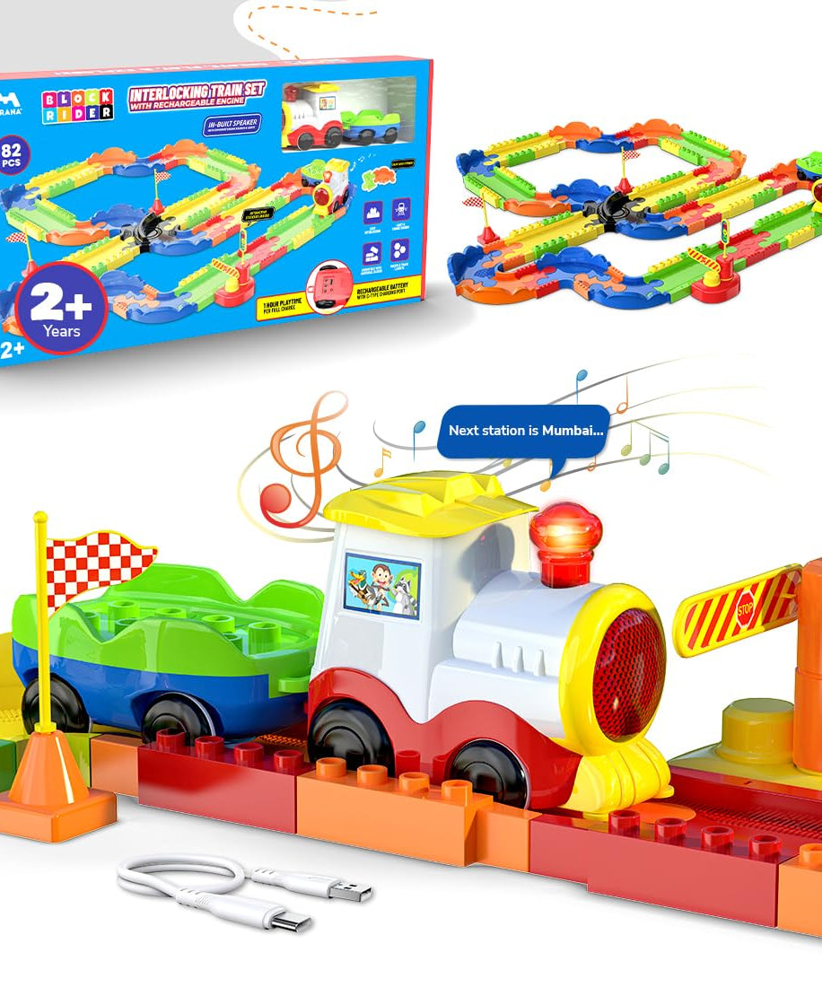 Mirana Block Rider Toy Train Set | 82-Piece with Multiple Journey Modes, Sounds & Announcements | 10+ Track Layouts | Fits Major Brands