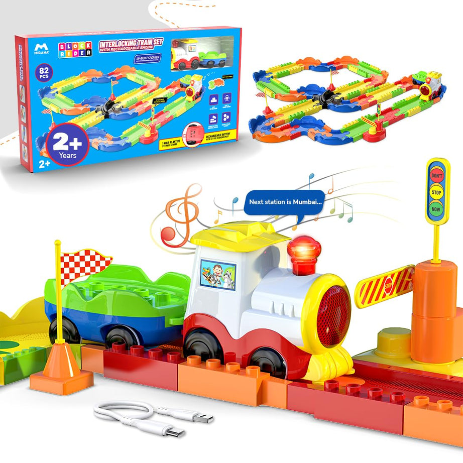 Mirana Block Rider Toy Train Set | 82-Piece with Multiple Journey Modes, Sounds & Announcements | 10+ Track Layouts | Fits Major Brands