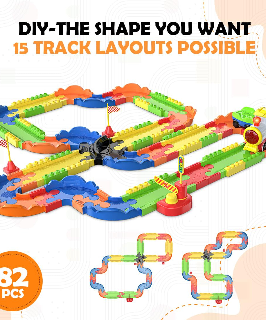 Mirana Block Rider Toy Train Set | 82-Piece with Multiple Journey Modes, Sounds & Announcements | 10+ Track Layouts | Fits Major Brands